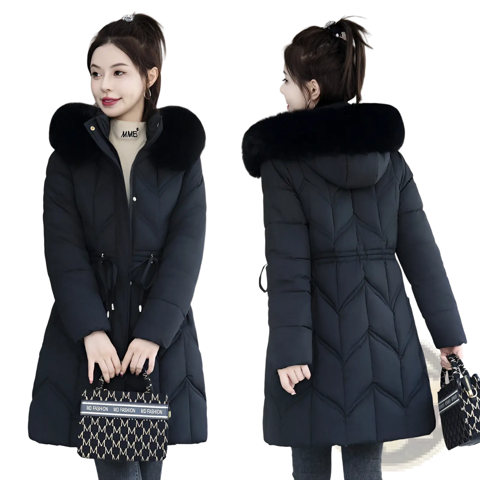 Black fur collar quilted cotton winter coat with plush fur-lined hood and diamond pattern for cold weather wear