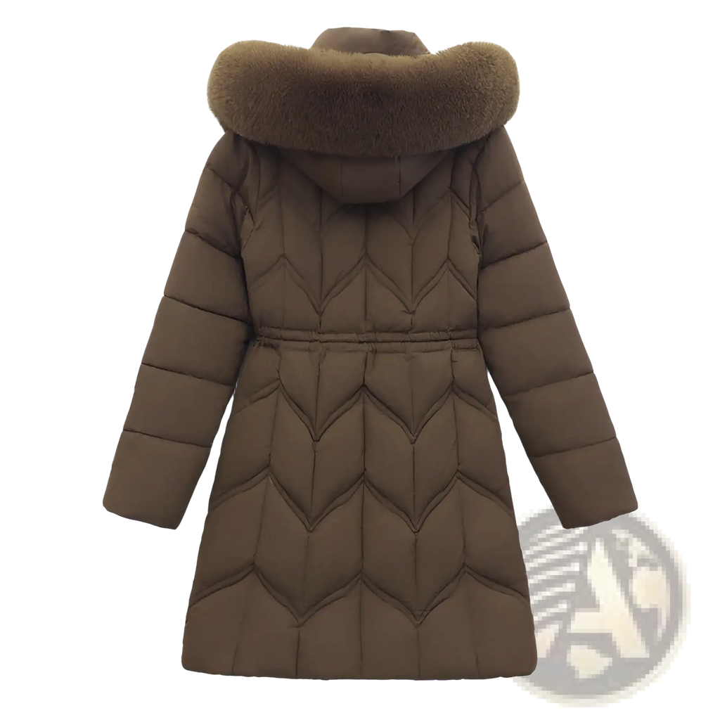 Brown quilted cotton winter coat with plush tan fur-lined hood for cold weather protection