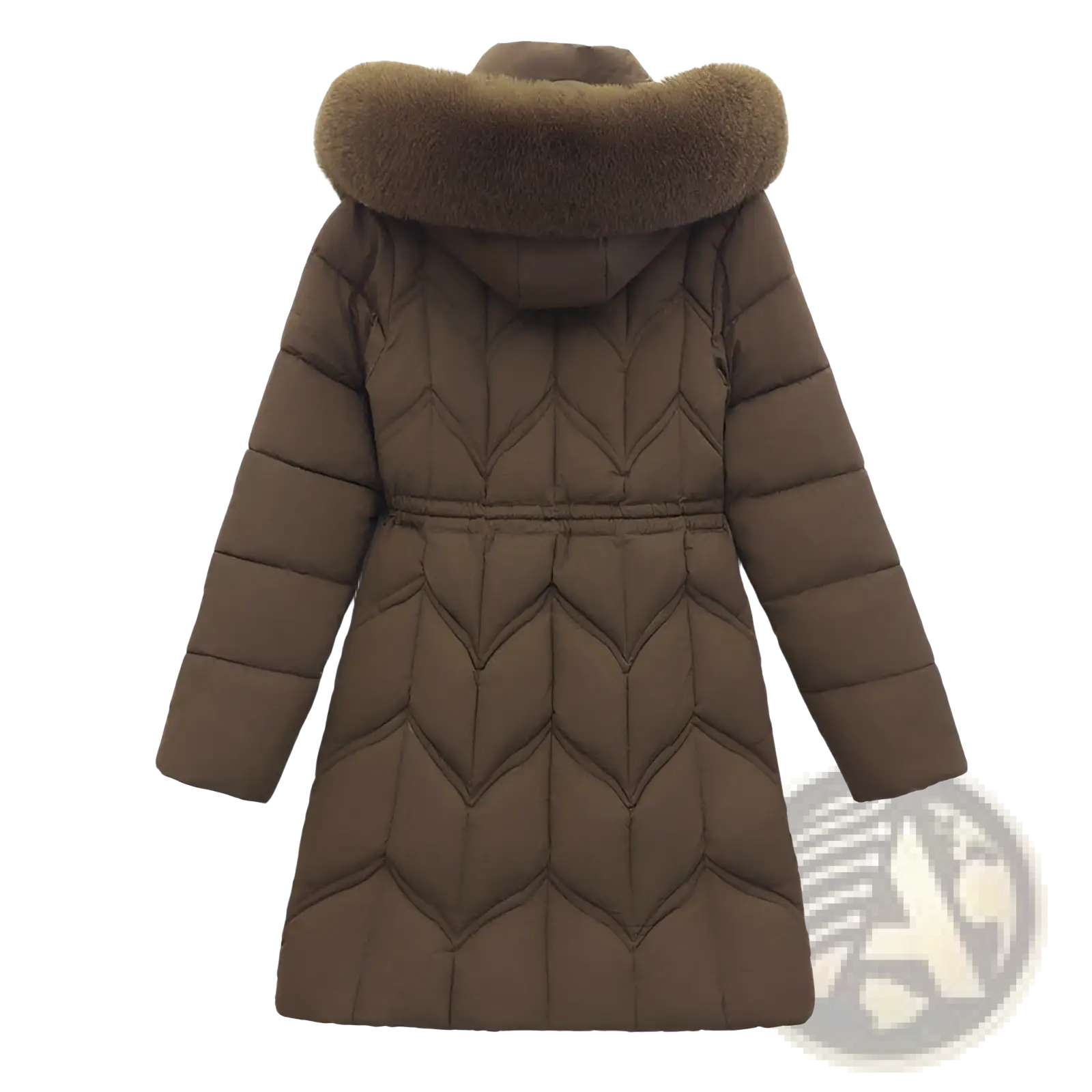 Brown quilted cotton winter coat with plush tan fur-lined hood for cold weather protection