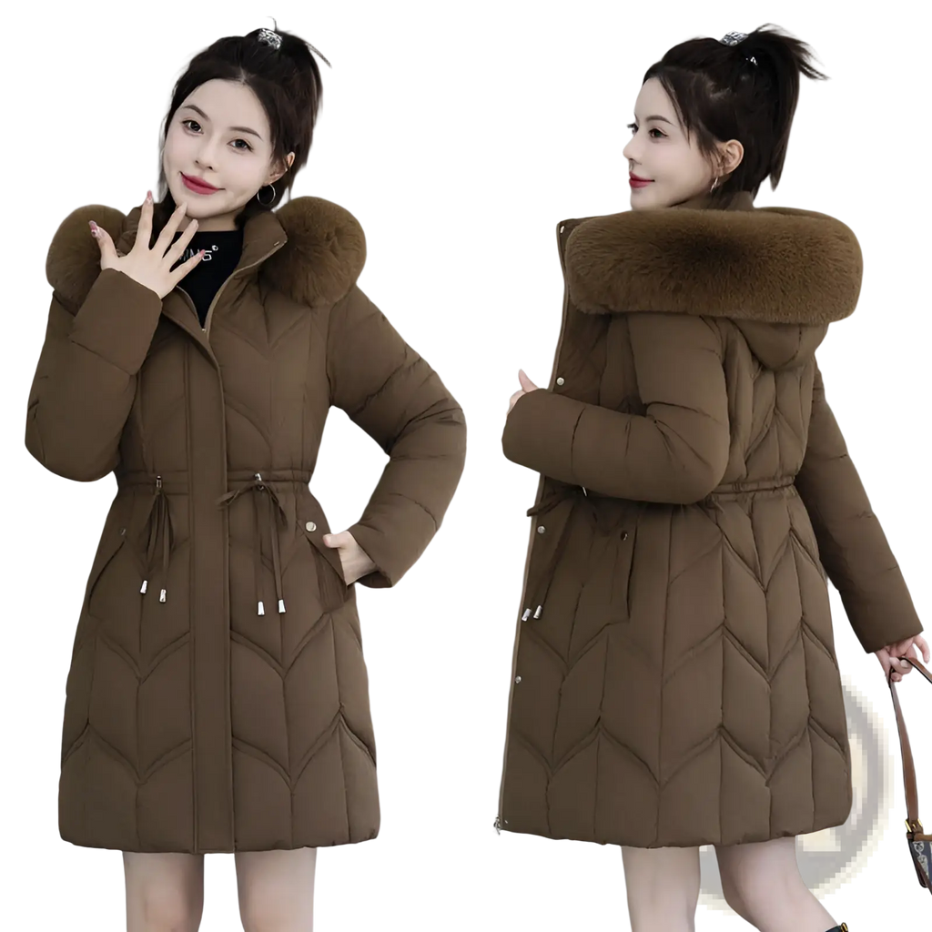 Brown quilted cotton winter coat with plush fur-lined hood and adjustable drawstring waist for cold weather use