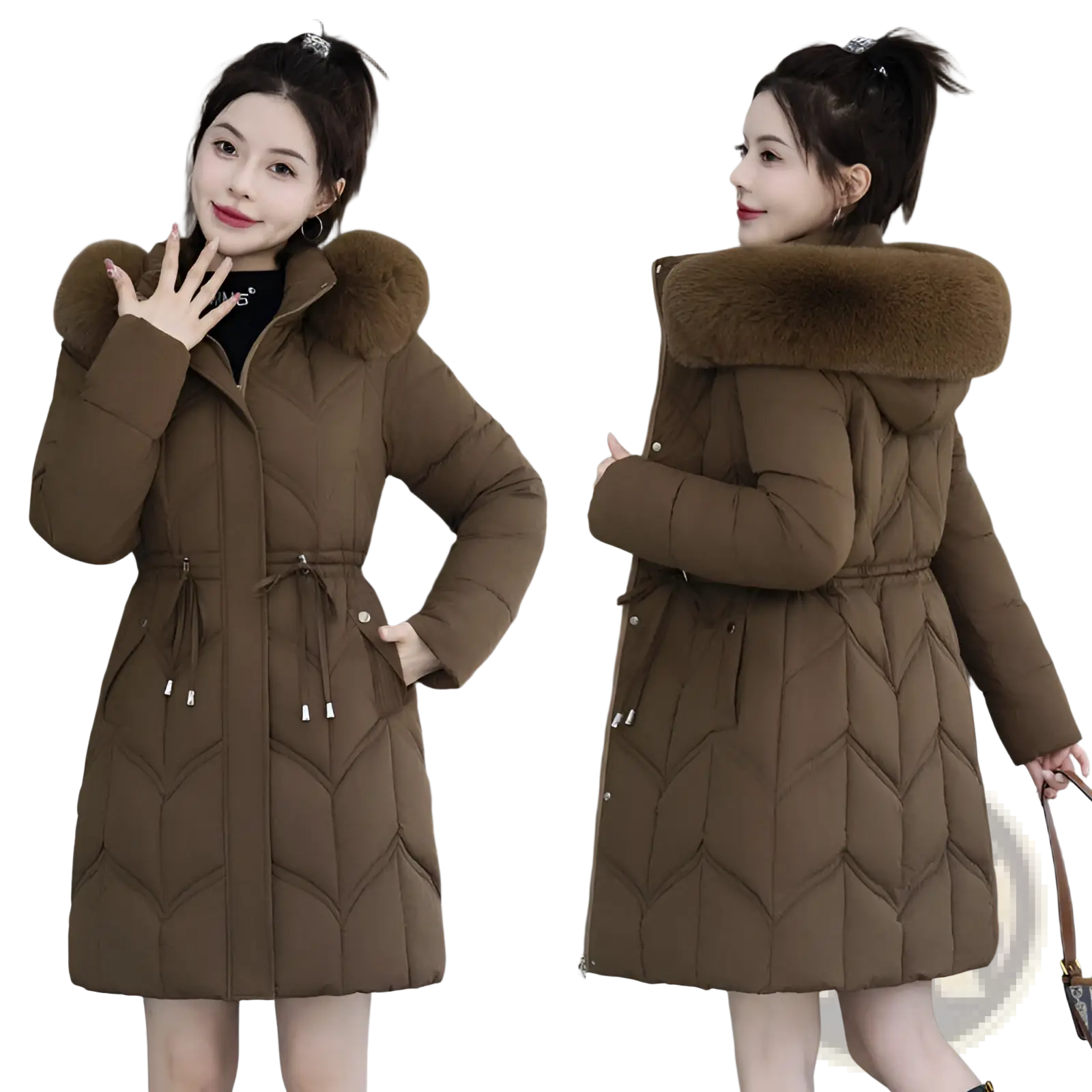 Brown quilted cotton winter coat with plush fur-lined hood and adjustable drawstring waist for cold weather use