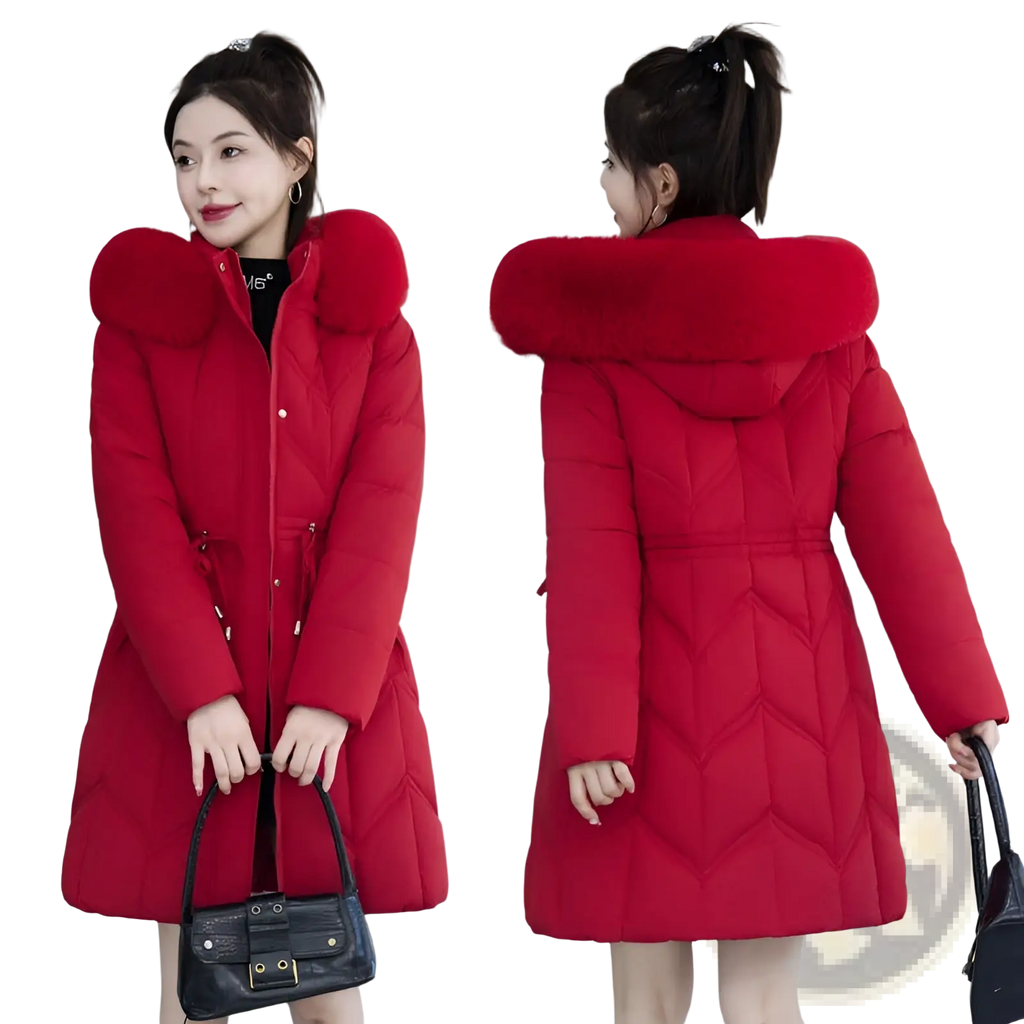 Vibrant red fur collar quilted cotton winter coat with plush fur-lined hood for cold weather use