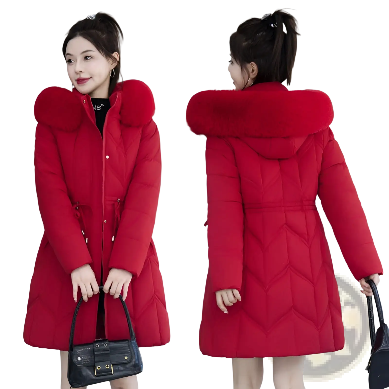 Vibrant red fur collar quilted cotton winter coat with plush fur-lined hood for cold weather use