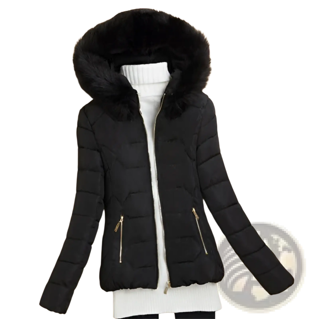 Black quilted puffer jacket for women with plush faux fur hood and gold-tone zippers for winter wear