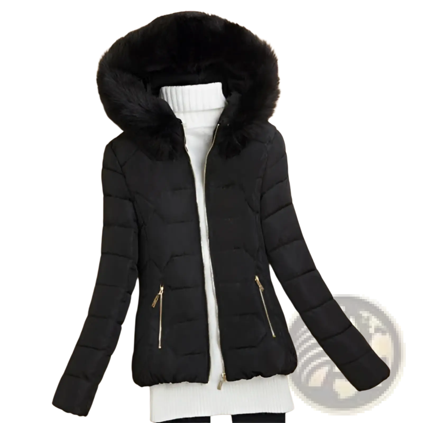 Black quilted puffer jacket for women with plush faux fur hood and gold-tone zippers for winter wear