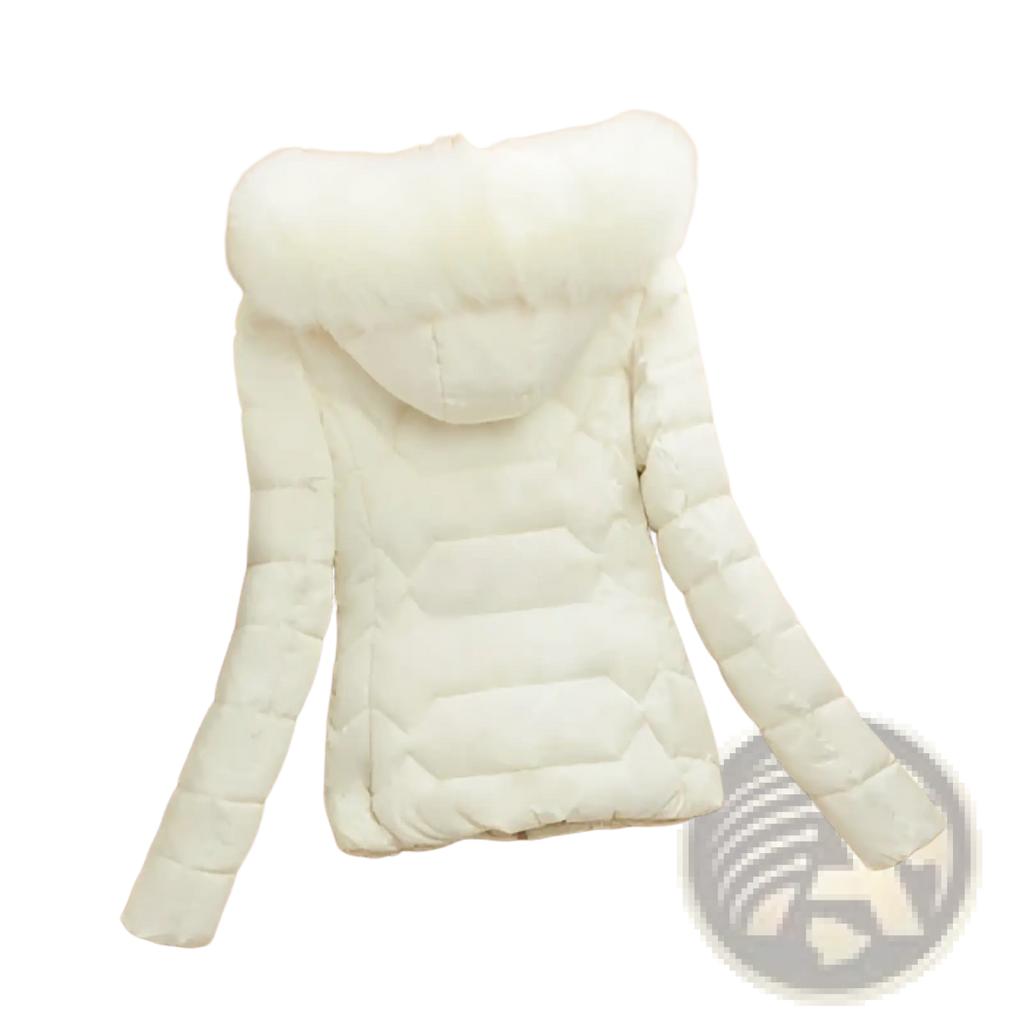 Cream-colored quilted puffer jacket for women with a fluffy white fur-lined hood for winter wear