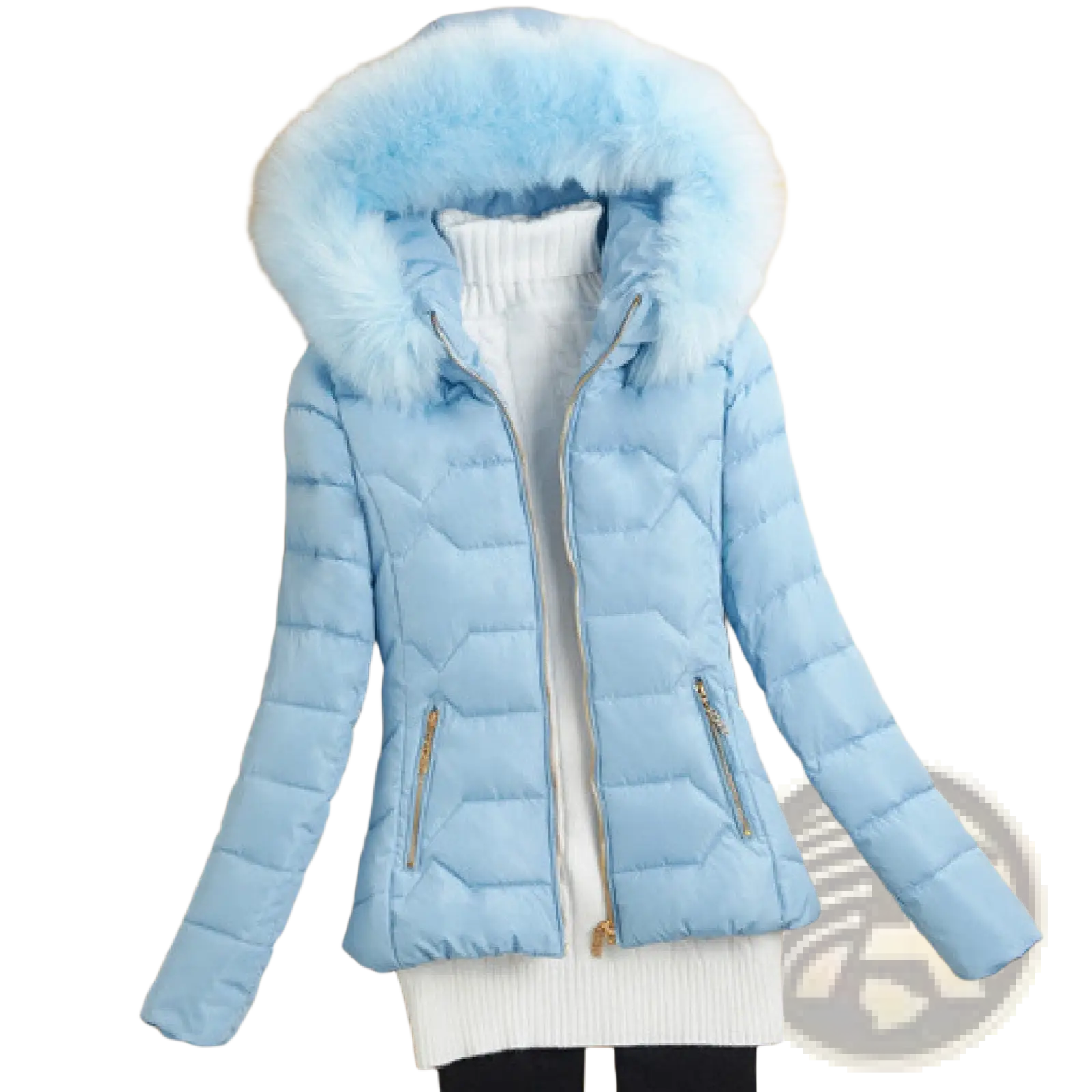 Light blue quilted winter coat for women with fluffy fur-lined hood and gold-tone zippers