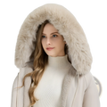 Beige fur lined winter parka coat with a plush faux fur hood and subtle stitching details for cold weather