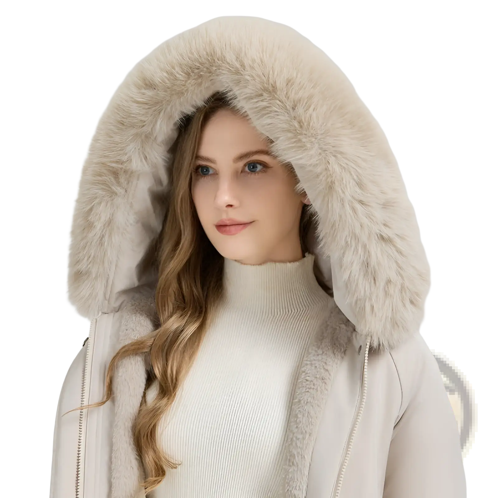 Beige fur lined winter parka coat with a plush faux fur hood and subtle stitching details for cold weather