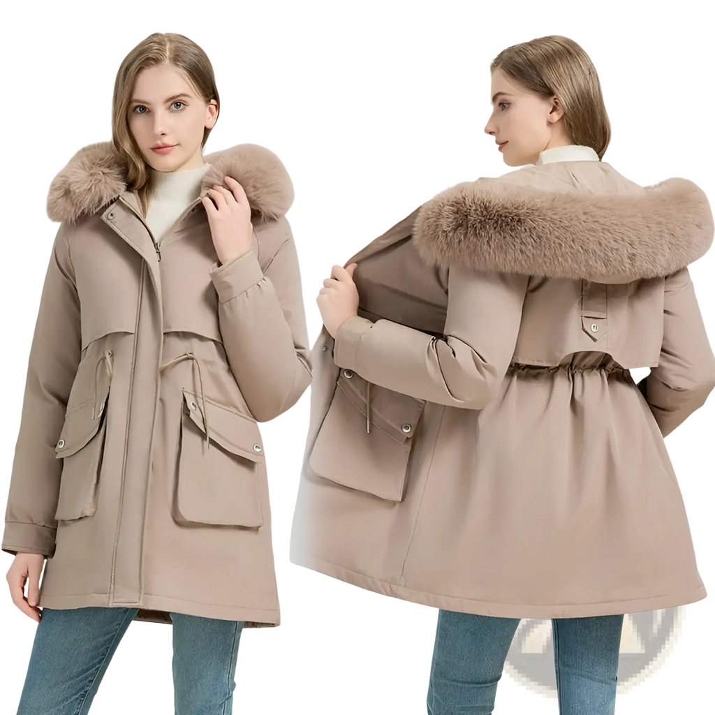Beige fur lined winter parka coat with plush light brown fur hood and two front patch pockets for cold weather