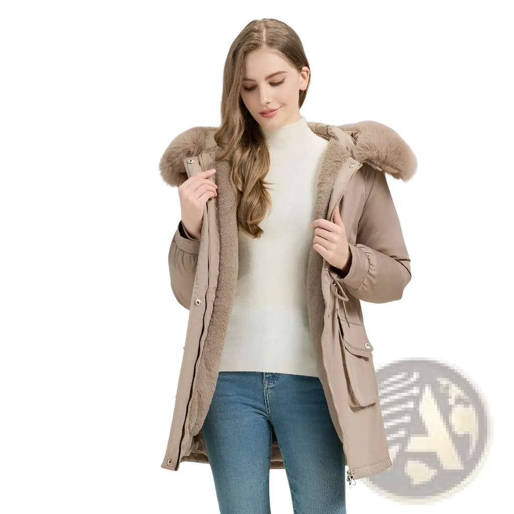 Beige fur lined winter parka coat with plush fur hood and front pockets designed for cold weather wear