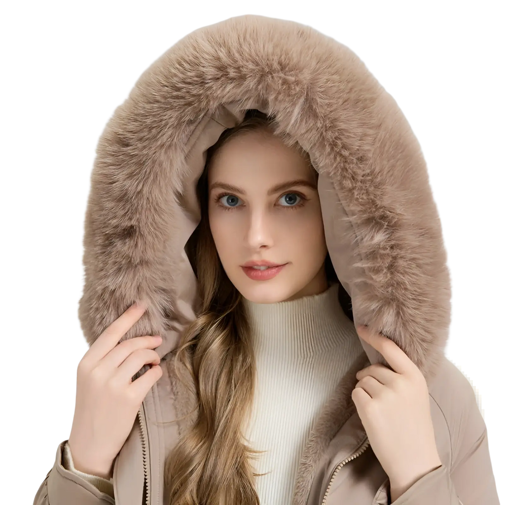 Beige fur lined winter parka coat with plush faux fur lined hood designed for cold weather protection