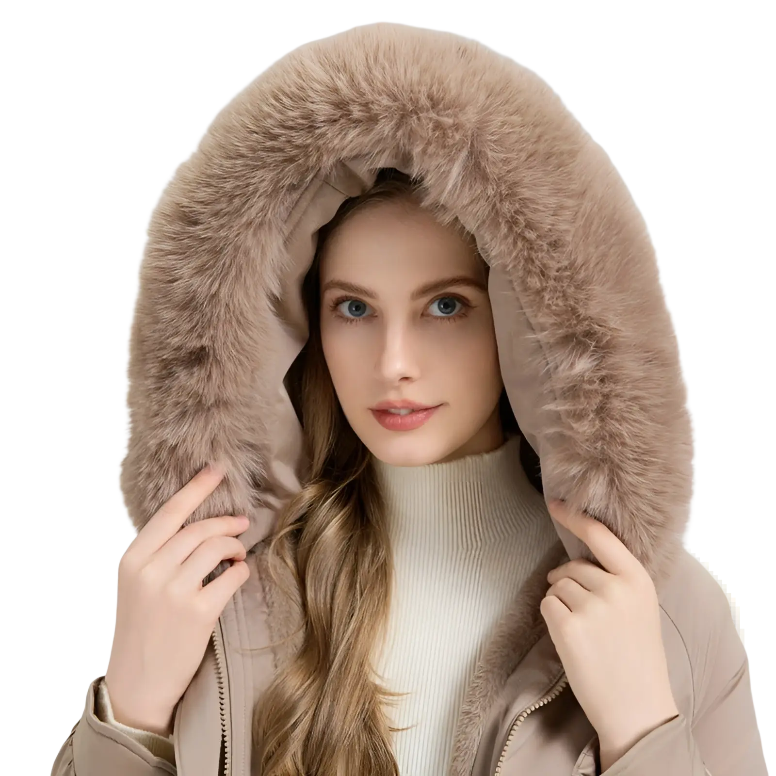 Beige fur lined winter parka coat with plush faux fur lined hood designed for cold weather protection
