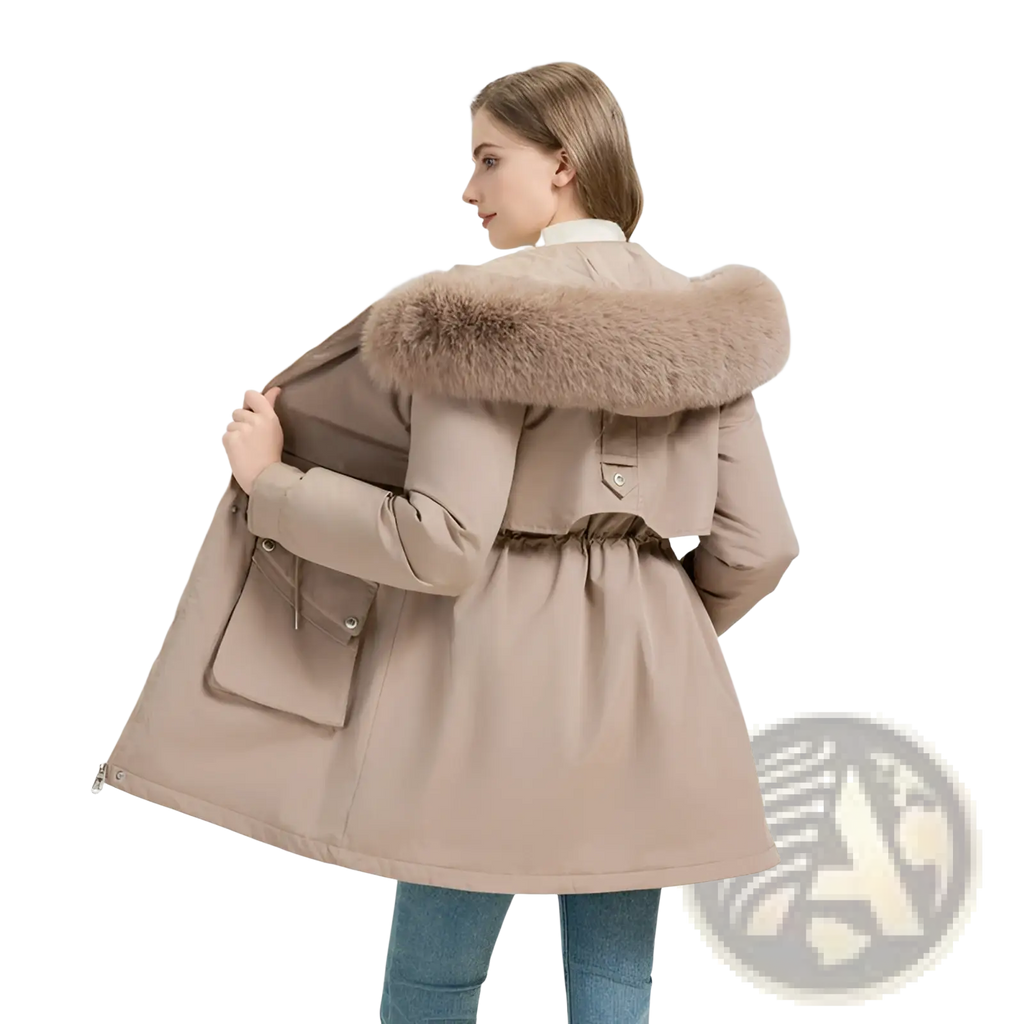 Beige fur lined winter parka coat with plush light brown fur hood and cinched waist for cold weather wear