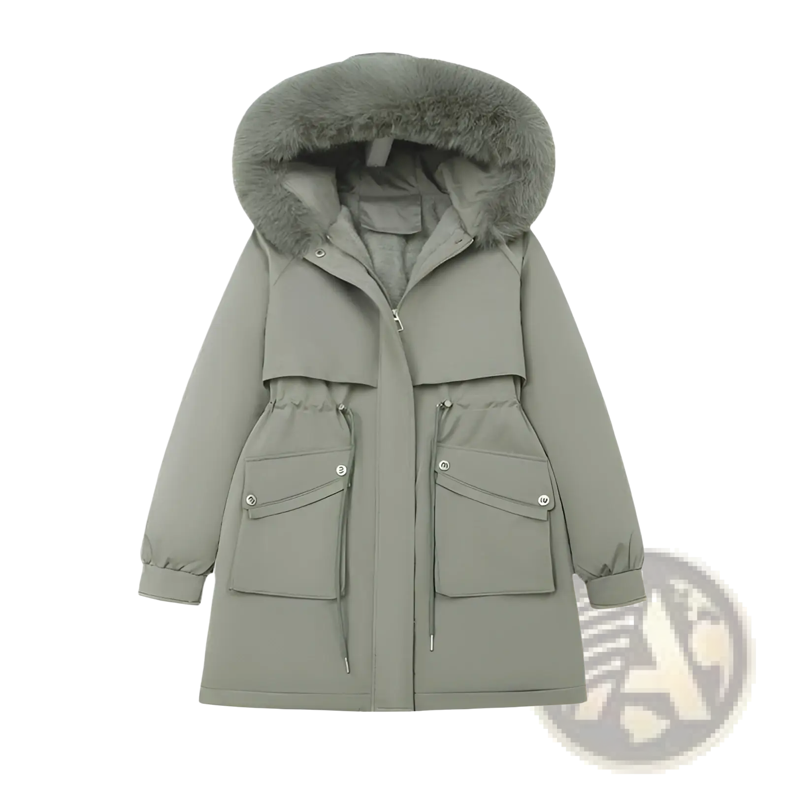 A stylish olive green fur lined winter parka coat with a plush fur hood and front pockets with drawstrings