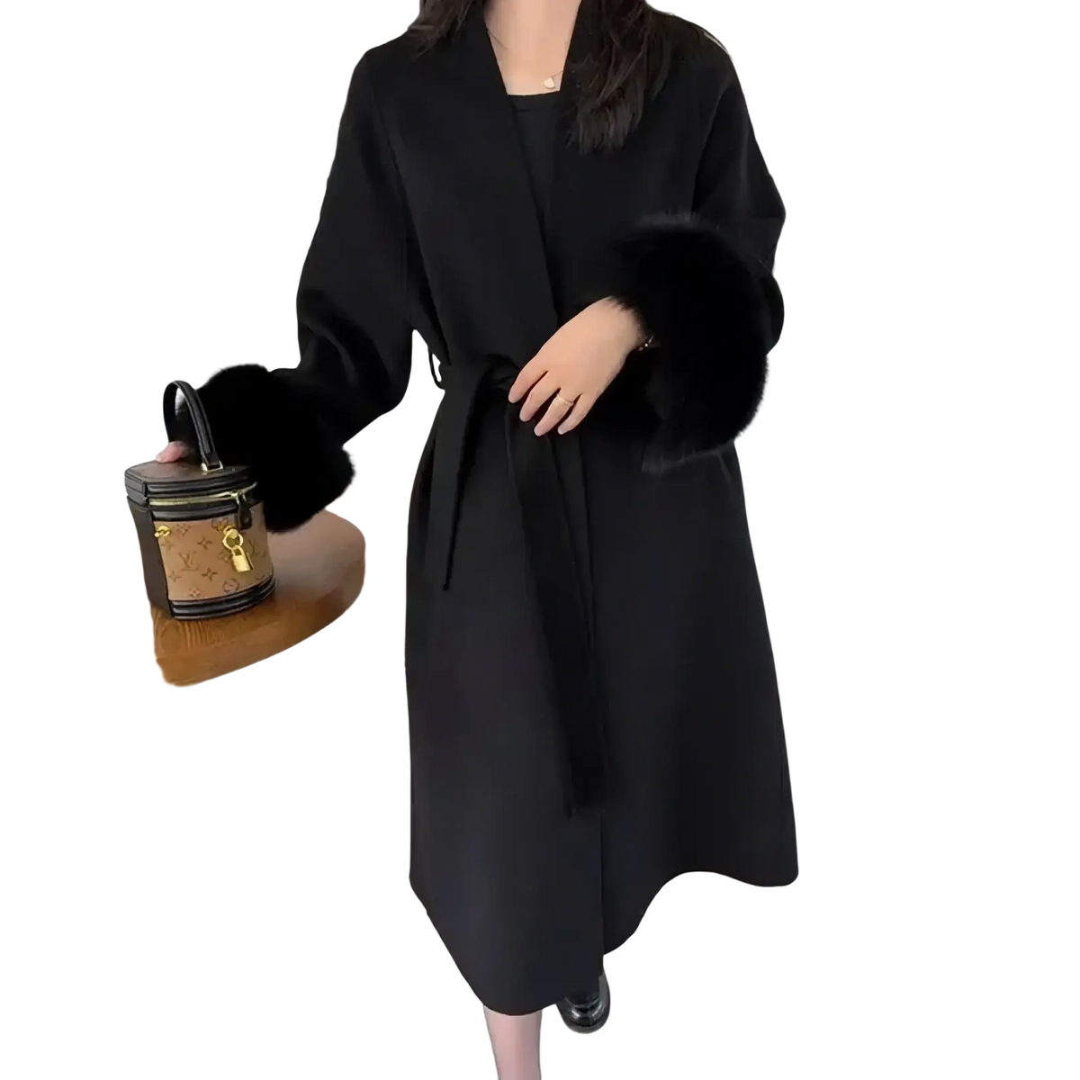 Black fur trim wool coat featuring fur-lined sleeves and a matching belt designed for stylish warmth and comfort