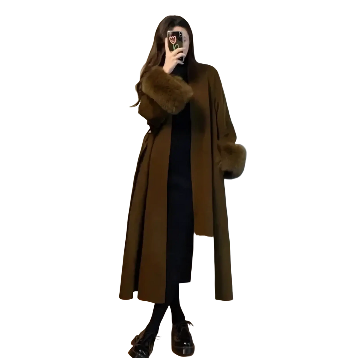 Fur trim wool coat in olive brown with plush fur trim on cuffs and collar for stylish cold weather wear