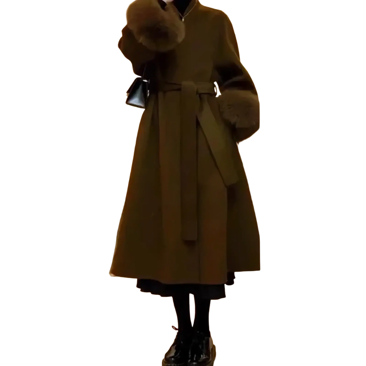 Olive green fur trim wool coat with belted waist and fur-trimmed cuffs and collar for stylish warmth