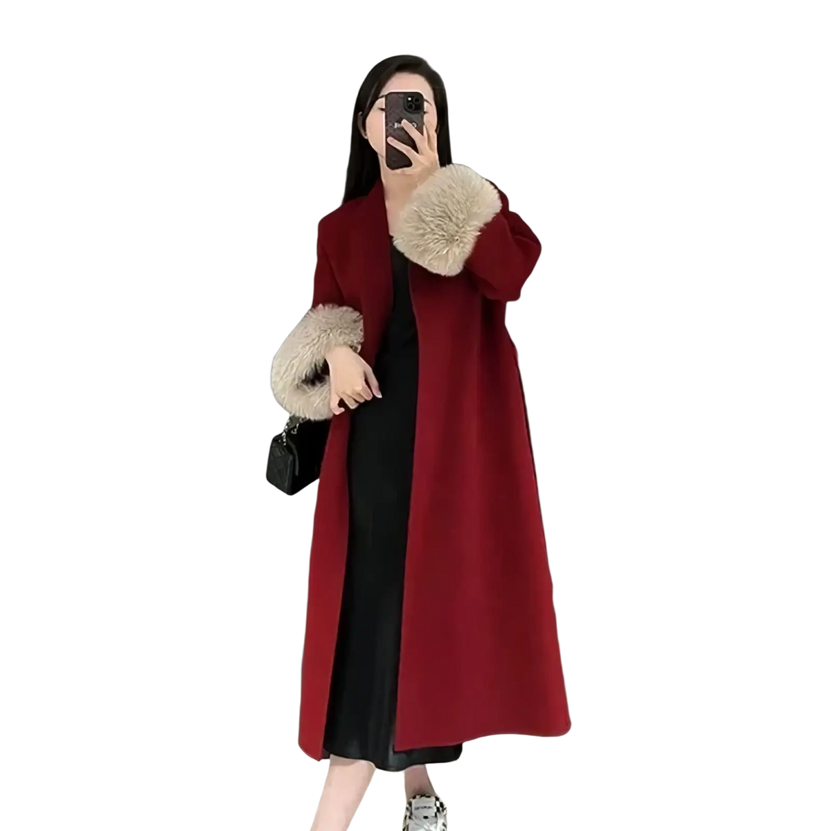 A rich red fur trim wool coat featuring plush beige fur cuffs, crafted from long wool for elegant warmth