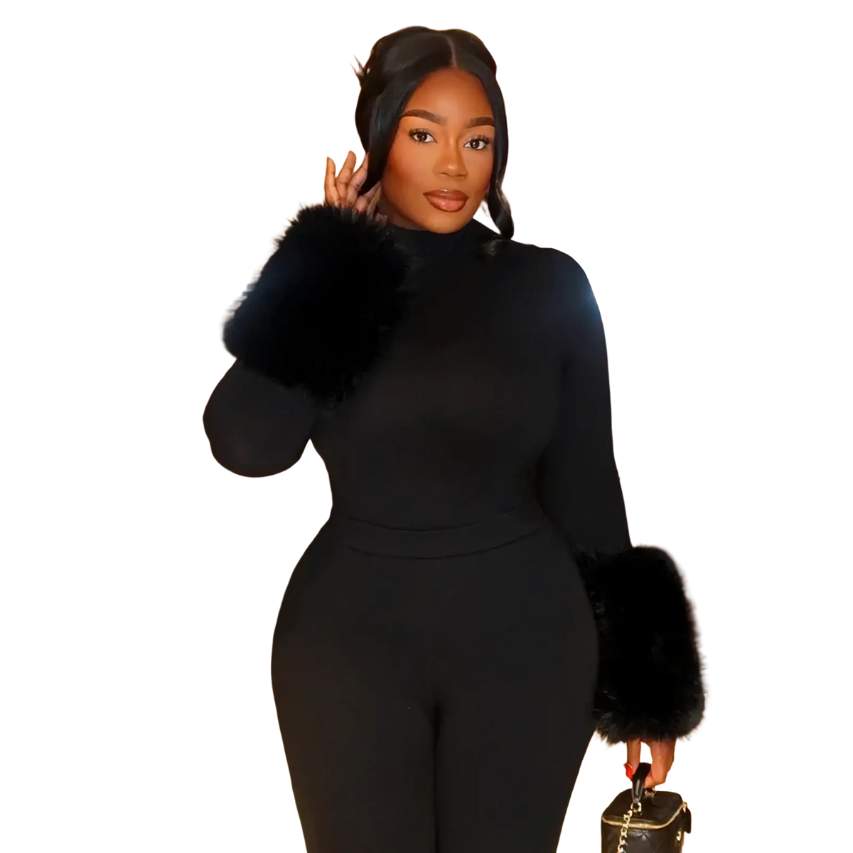 Black faux fur-trimmed long sleeve bodycon jumpsuit featuring soft faux fur detailing for stylish comfort