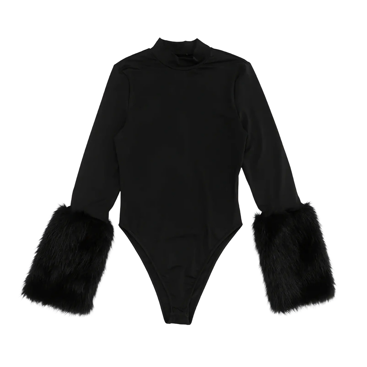 Black long sleeve bodysuit with fluffy black faux fur cuffs part of fur trimmed bodysuit and shorts set