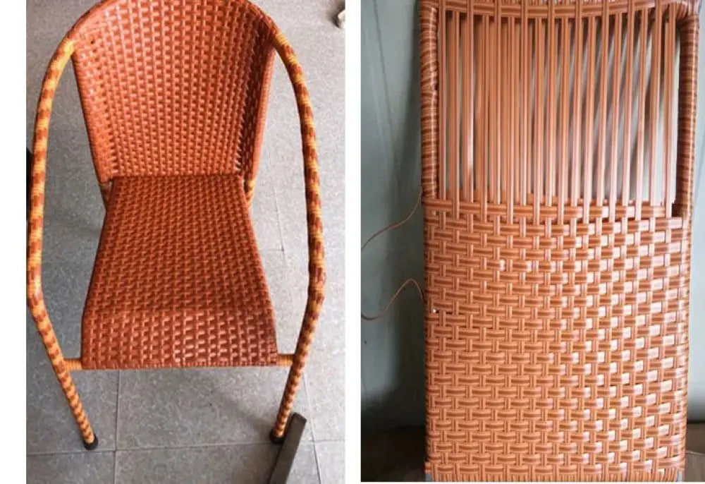 Tan wicker patio chair with woven back and seat, curved armrests, and metal legs for premium rattan repair and decoration strips
