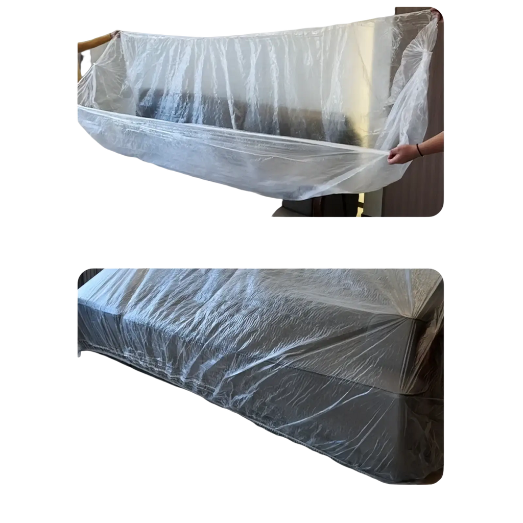 Clear transparent plastic protector film furniture dust cover designed to shield furniture from dust and dirt