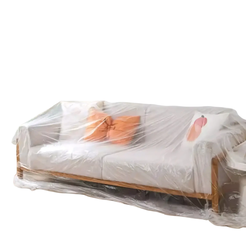 Clear transparent plastic sofa cover made of protective film for furniture dust protection and preservation