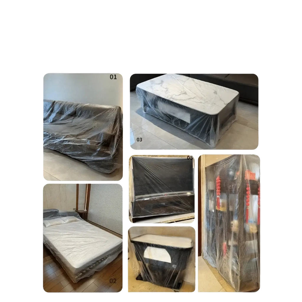 White marble-top coffee table with sleek black base wrapped in transparent plastic dust cover film protector