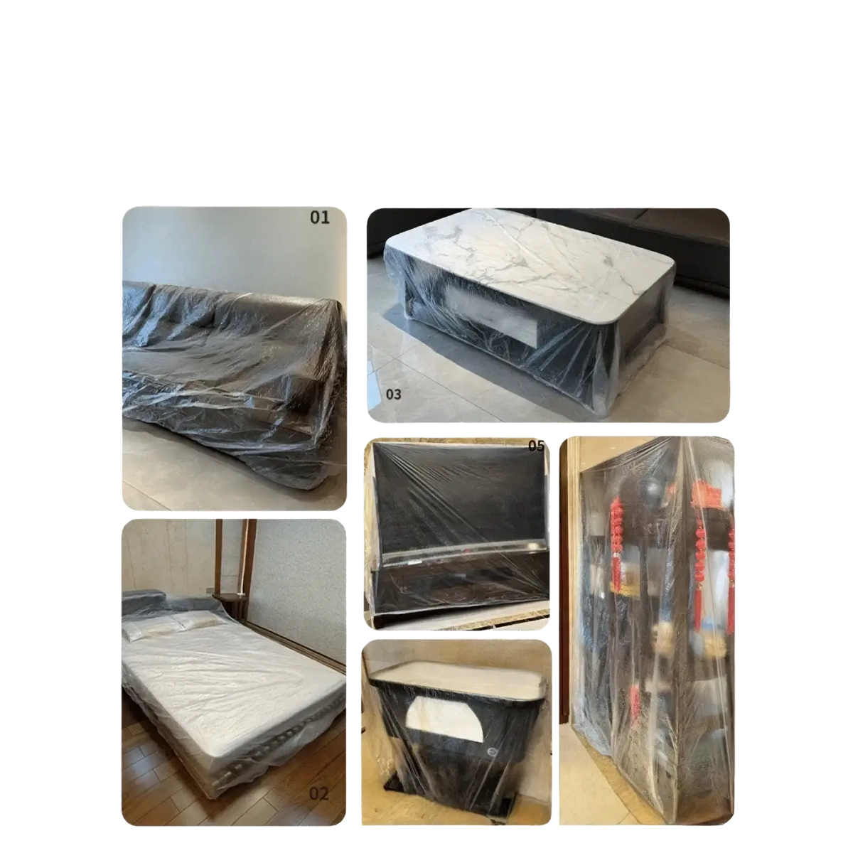 White marble-top coffee table with sleek black base wrapped in transparent plastic dust cover film protector