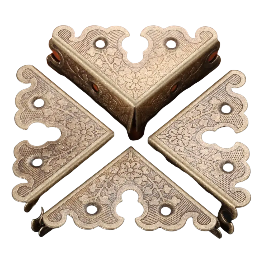 Antique brass corner bracket furniture protector with intricate floral engravings and scalloped edges 4pcs set