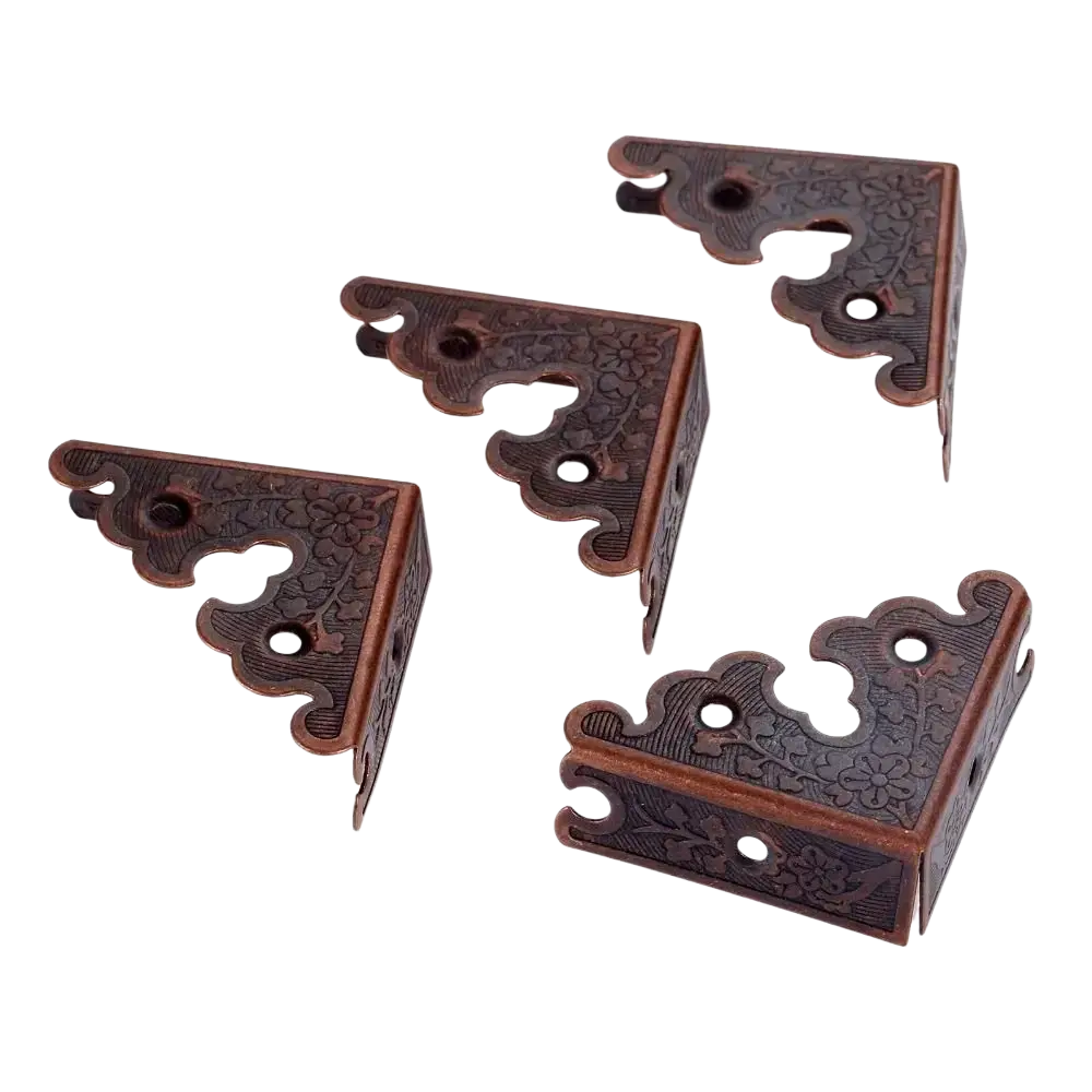 Antique brass furniture protector corner brackets in bronze metal with intricate floral embossing and scalloped edges 4pcs