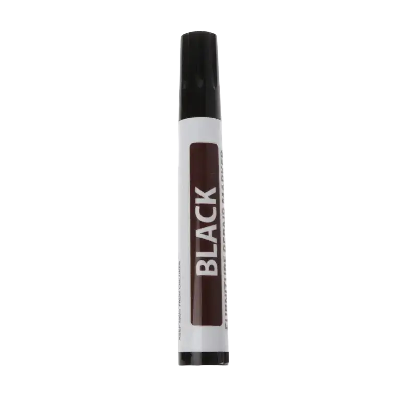 Black permanent repair marker with sleek white barrel and black cap for furniture repair with wax sticks
