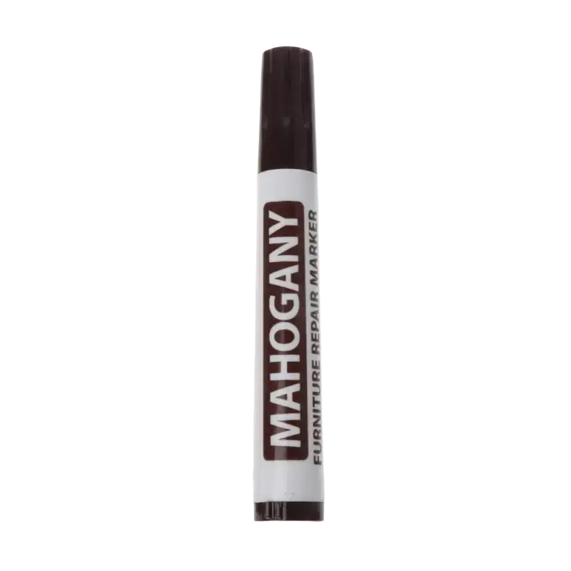 Mahogany brand furniture repair marker with white barrel and dark brown cap for use with wax sticks and repair marker set