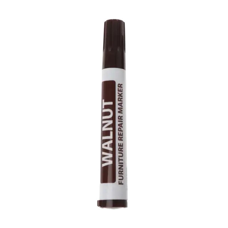 Walnut-colored furniture repair marker with white barrel and dark brown cap in a furniture repair marker set with wax sticks