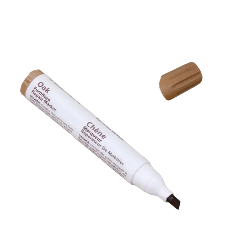 White oak furniture repair marker with tan cap and dark brown tip labeled in English and French for wax sticks use