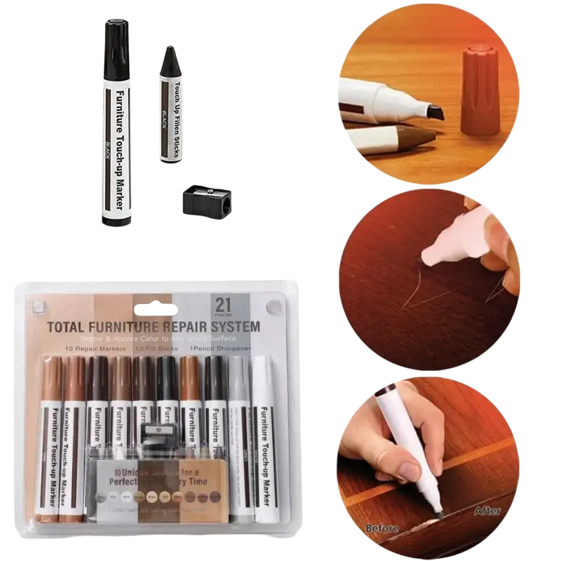 A furniture repair pen and wax sticks set with 10 wood tone markers, sharpener, and color-matching sticks for wood scratches