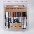 A 17-piece furniture repair pen and wax sticks set with white silver and brown markers fill sticks and pencil sharpener