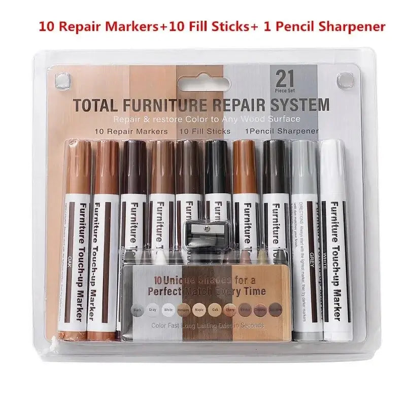 A 21-piece furniture repair kit with brown and black repair pens, wax sticks, and a pencil sharpener for wood scratches