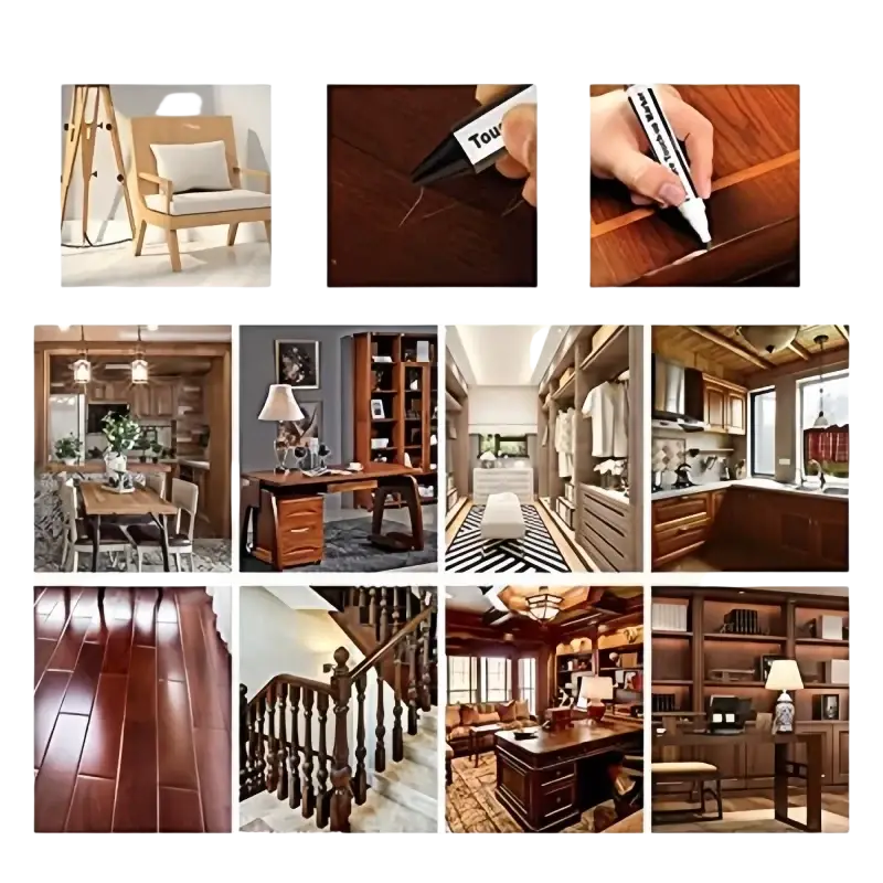 Rich dark brown wooden table with smooth finish showcasing furniture repair pen and wax sticks for wood scratches