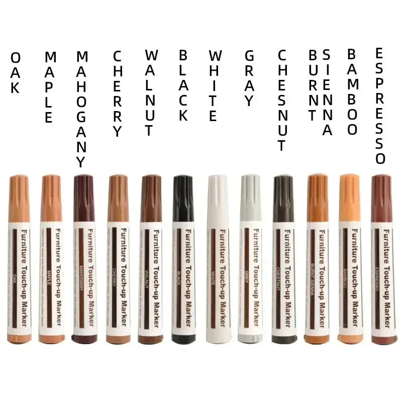 Set of ten furniture repair pens and wax sticks in various wood tones for fixing wood scratches