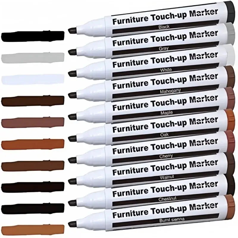 Set of ten white-capped furniture repair pens and wax sticks with black tips and color labels for wood scratch repair