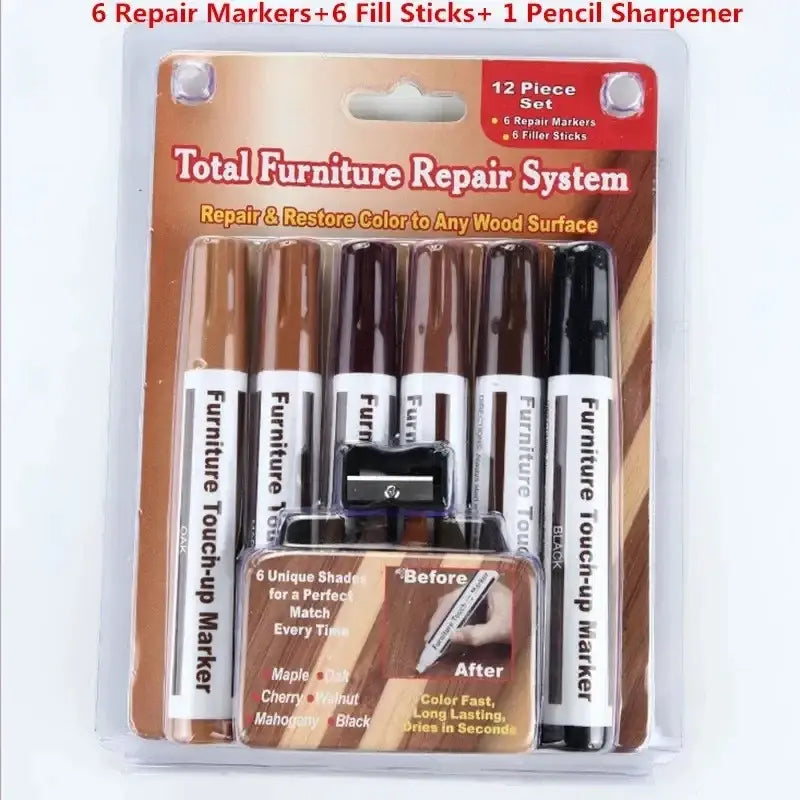 Total furniture repair 12-piece set with six repair pens in maple cherry walnut mahogany black and matching wax sticks