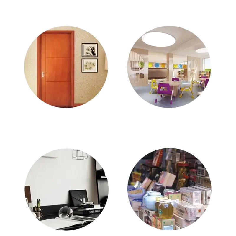 Furniture repair pen wood scratches kit showing four circular scenes including a wooden door interior application