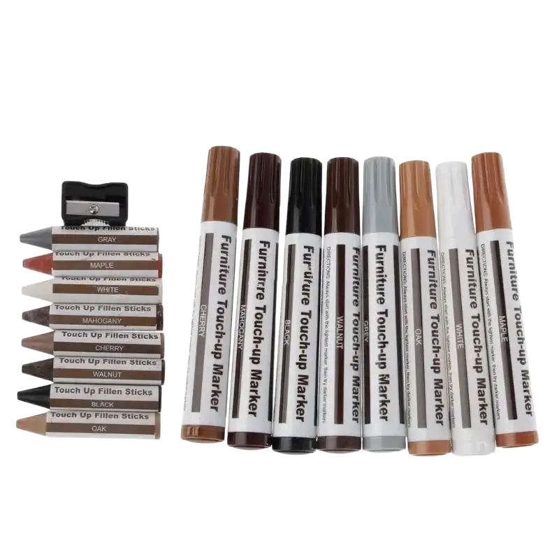 Set of ten furniture repair pens in assorted wood tone colors for restoring wood scratches and surface damage