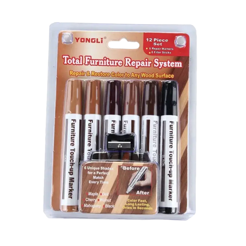 Yongli furniture repair pen kit with 12 pieces including six wood touch-up markers in maple cherry walnut mahogany and black for wood scratches