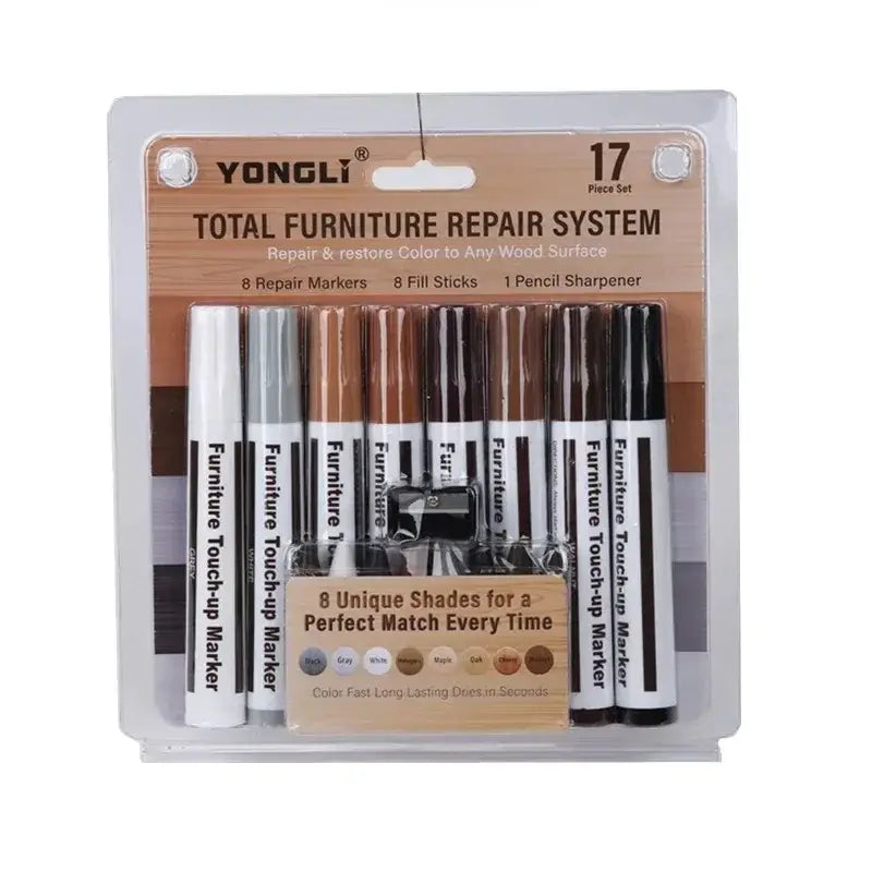 Yongli 17-piece furniture repair pen set with eight wood tone touch-up markers and pencil sharpener for wood scratches repair