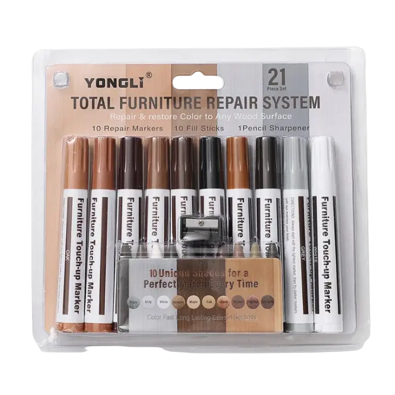 Yongli furniture repair pen 21-piece set with ten wood tone markers fill sticks and sharpener for wood scratches repair