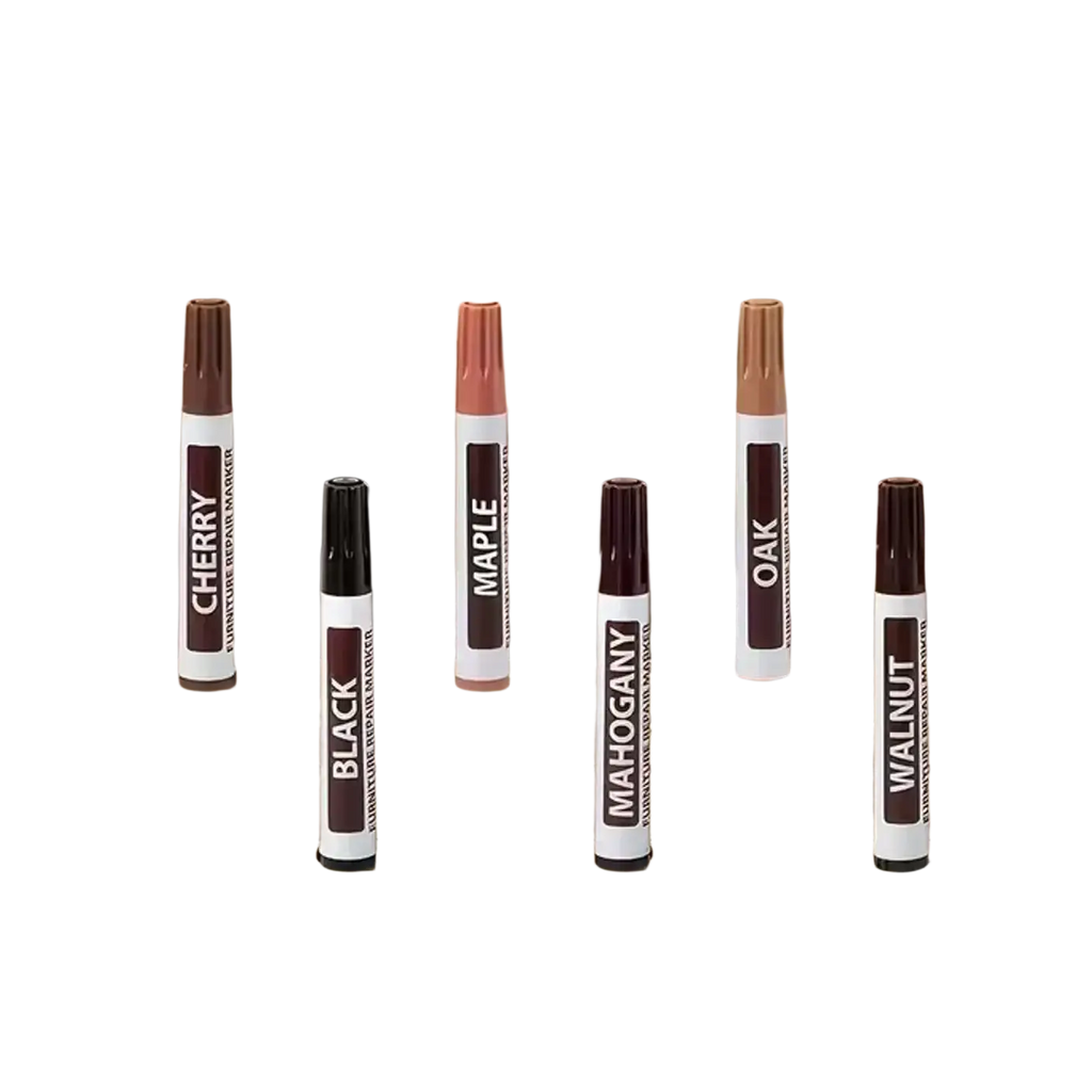 Set of five wood stain markers in cherry maple oak mahogany and walnut for furniture restoration bulk pack use