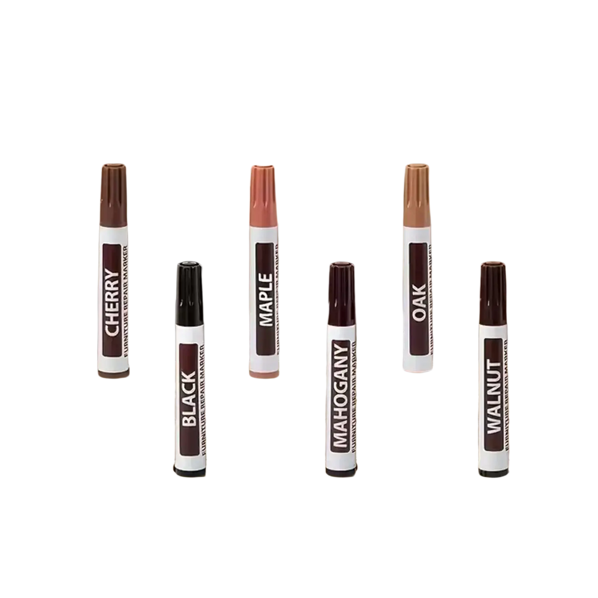 Set of five wood stain markers in cherry maple oak mahogany and walnut for furniture restoration bulk pack use